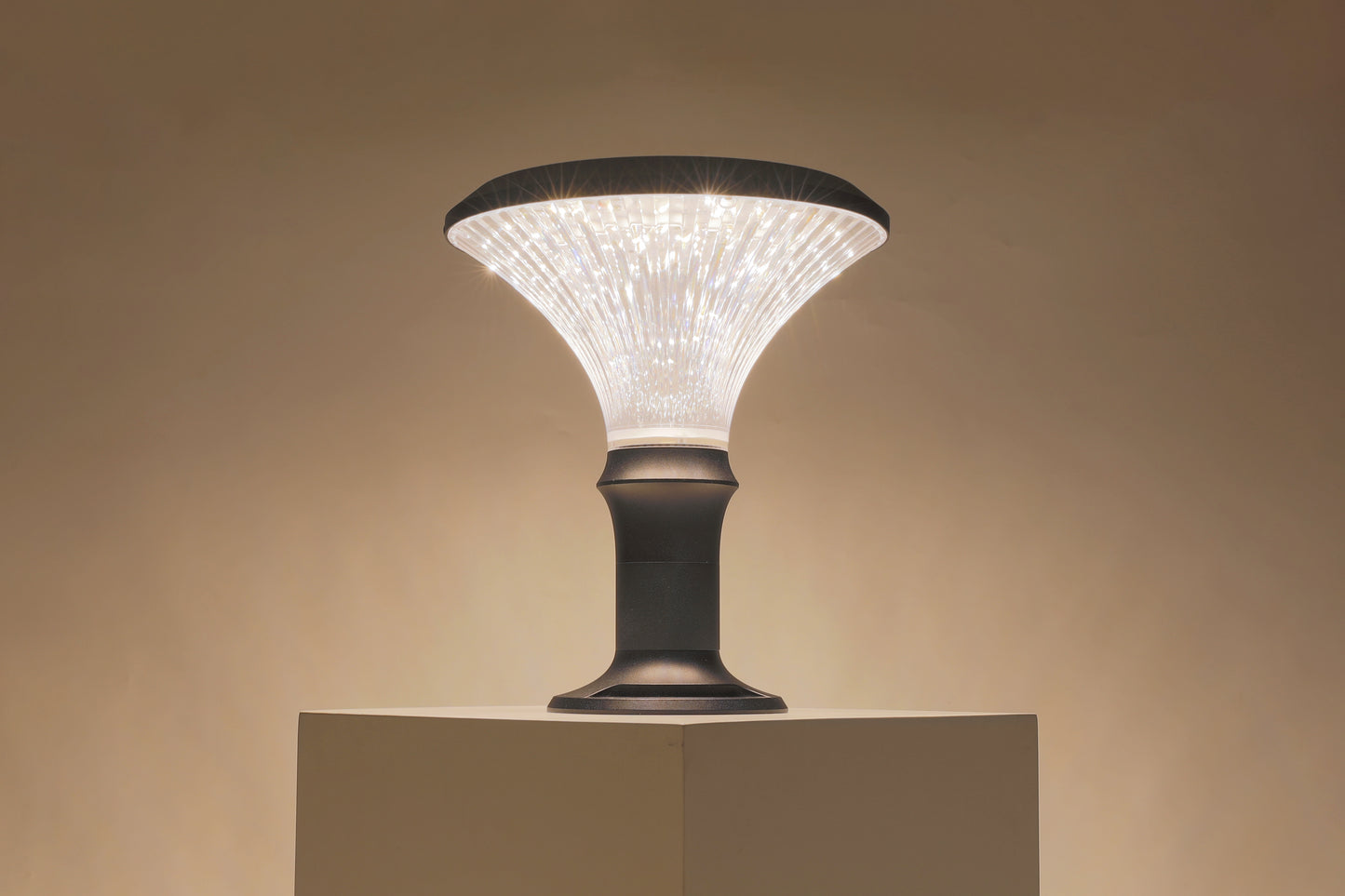 ZTD3002 solar pillar light front view with warm light and round diamond diffuser design