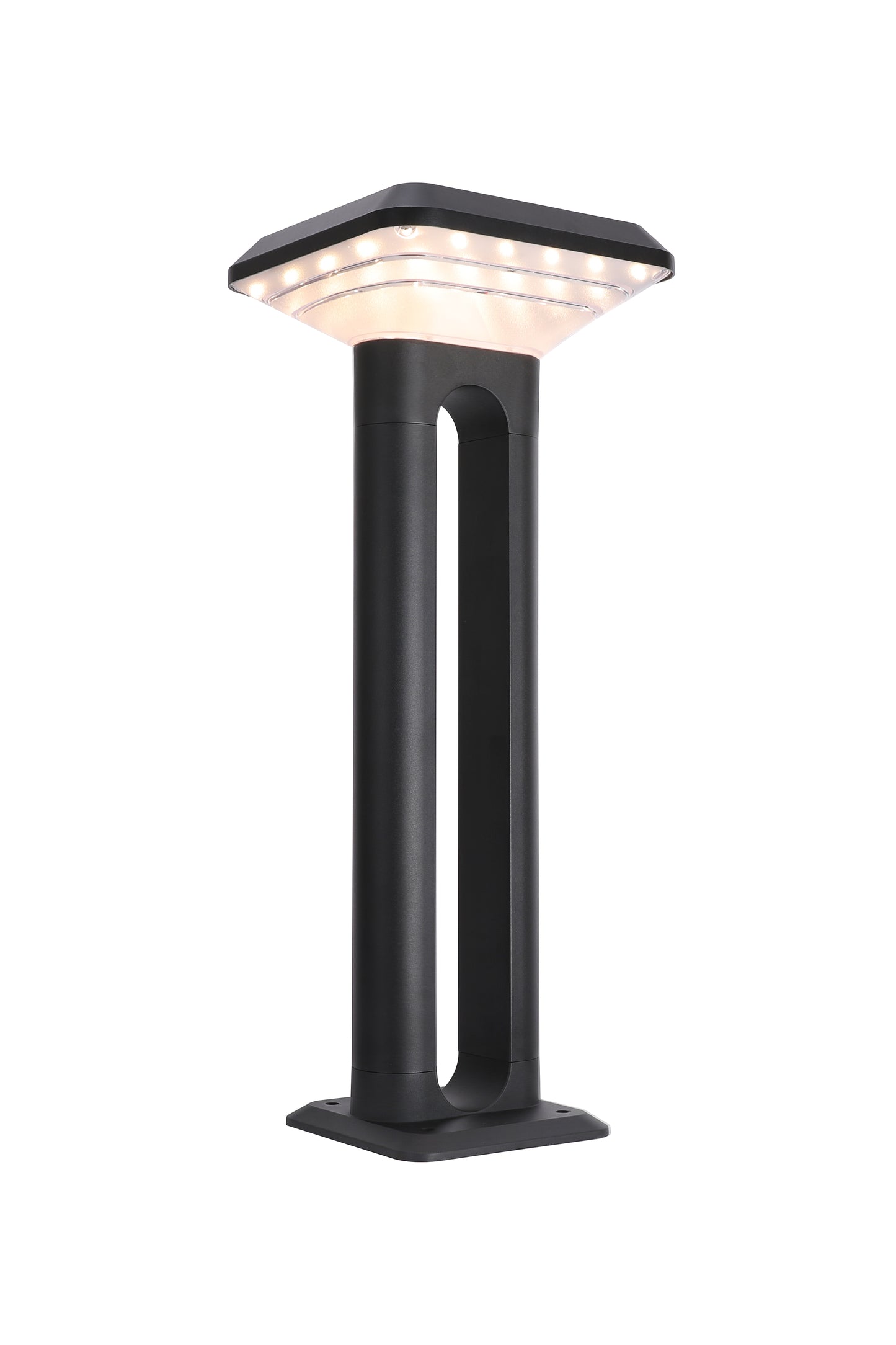 Illuminated product view of Ark Series Solar Lawn Light CPD1201 with square lamp head and twin-column body