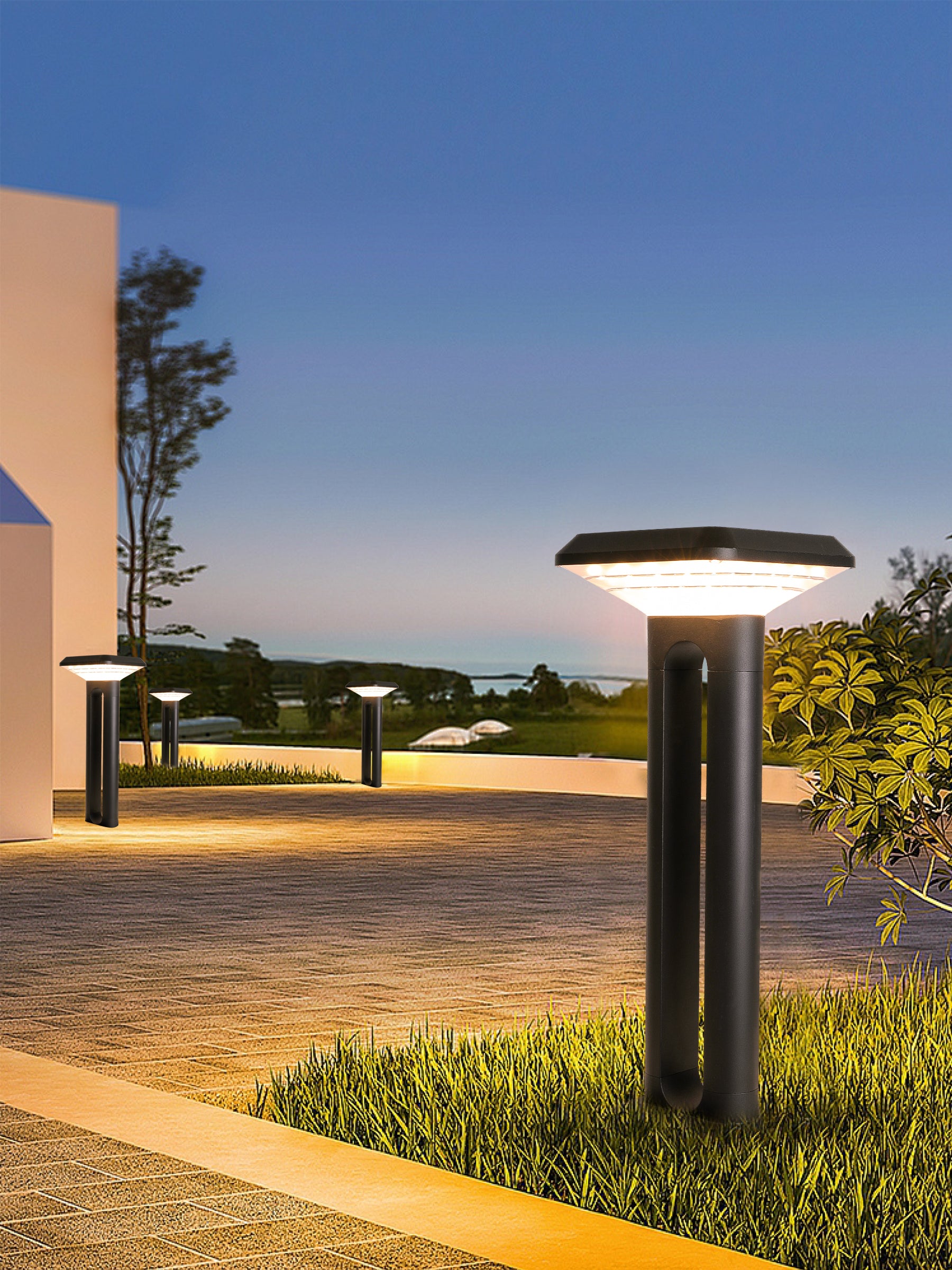 Ark Series Solar Lawn Light CPD1201 installed beside a modern terrace lawn with warm pathway lighting