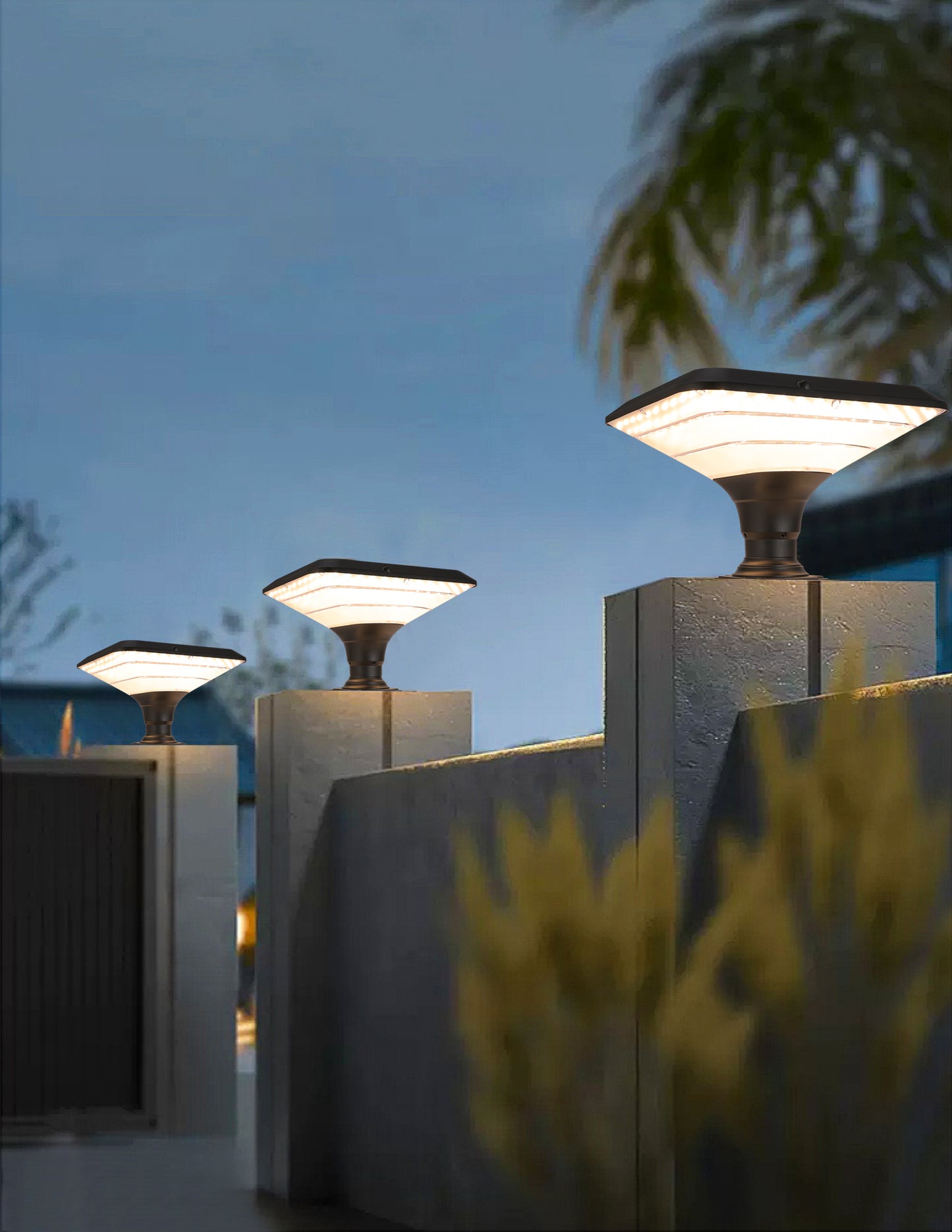 Ark Series solar pillar light ZTD1218 mounted on boundary wall columns at night