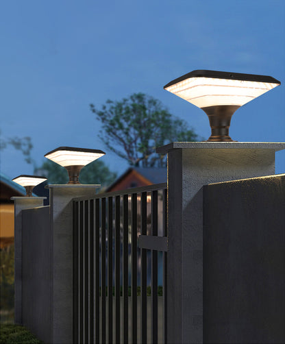 Ark Series solar pillar light ZTD1218 installed on villa fence columns for warm outdoor lighting