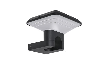 Lit front angle view of Ark Series Solar Wall Light GT-BD1201 showing warm LED illumination