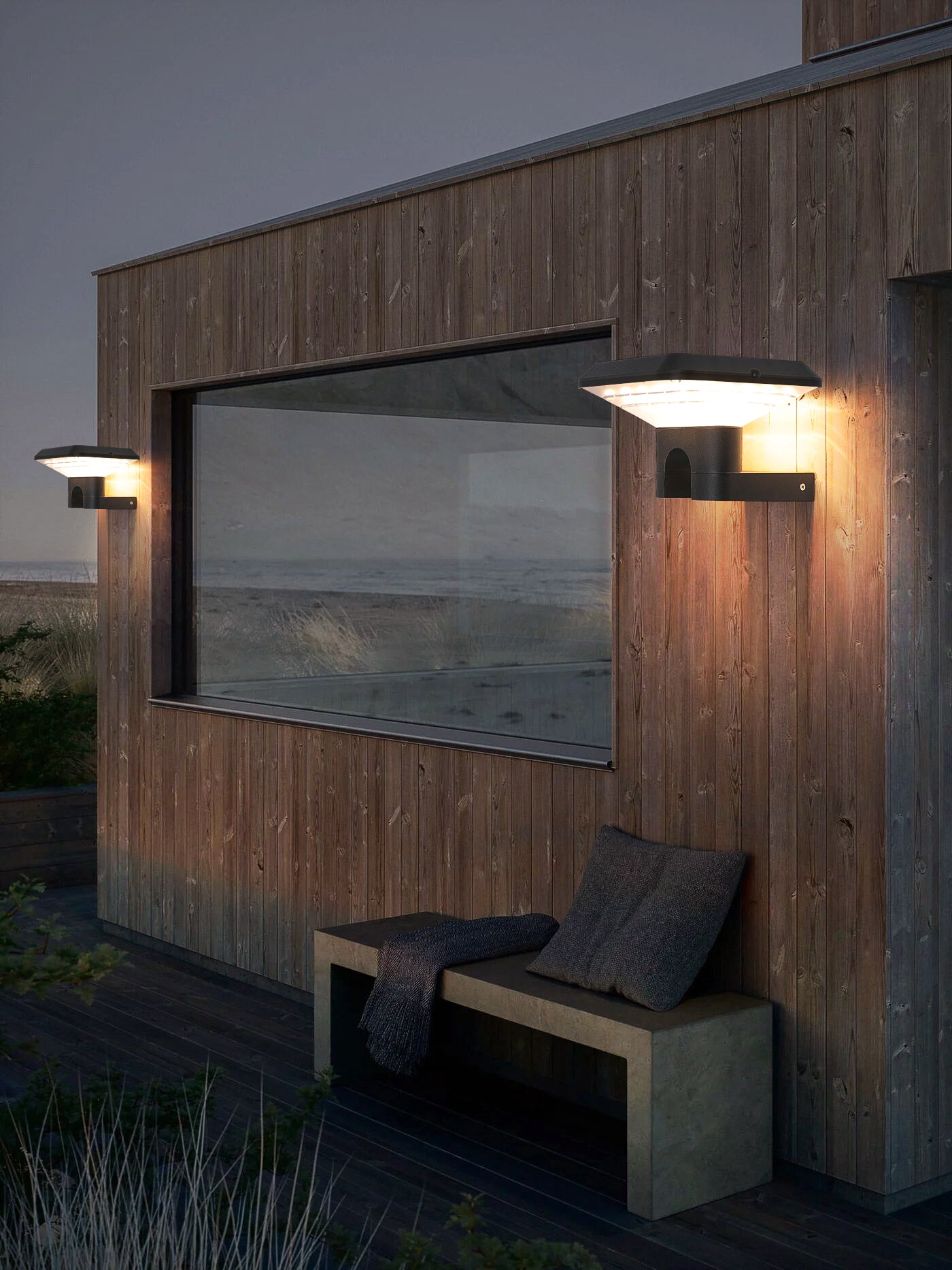 Ark Series Solar Wall Light GT-BD1201 mounted on a wooden facade for outdoor wall lighting