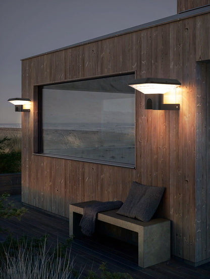 Ark Series Solar Wall Light GT-BD1201 mounted on a wooden facade for outdoor wall lighting