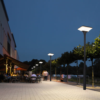 Ark solar garden light installed in an outdoor restaurant seating area