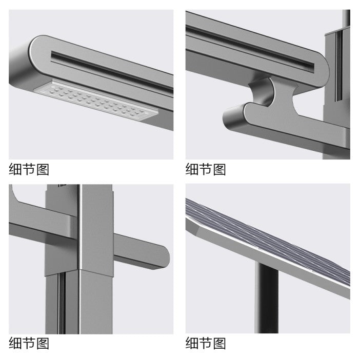 Cloud Series solar street light detail views showing LED module, arm connection, pole structure, and solar panel bracket