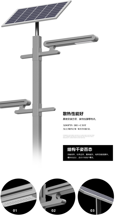 Cloud Series solar street light detail poster highlighting die-cast aluminum structure, heat dissipation, and modular lamp design