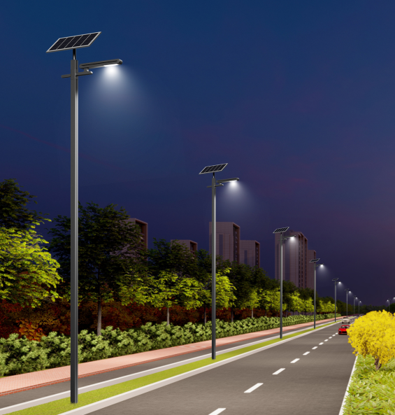 Cloud Series solar street light installed along urban road at night with uniform roadway illumination