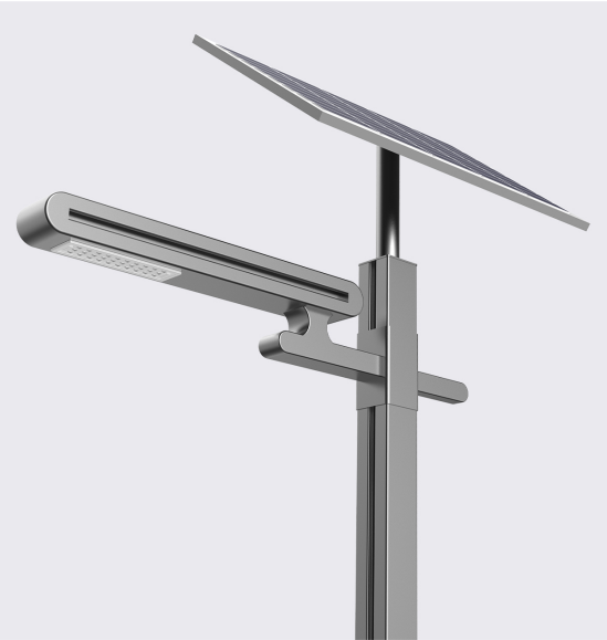 Cloud Series solar street light close-up showing single-arm structure, solar panel, LED module, and pole connection