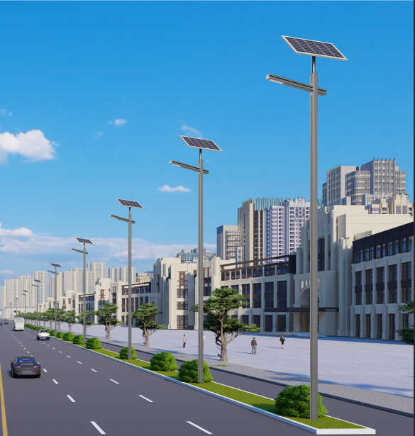 Gazing Upward Series solar street light poles providing night lighting for an urban residential road
