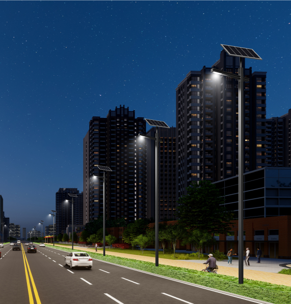 Gazing Upward Series solar street light poles illuminating a road at night