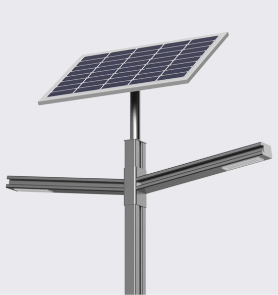 Product render of Gazing Upward Series solar street light pole with linear lamp arm and solar panel