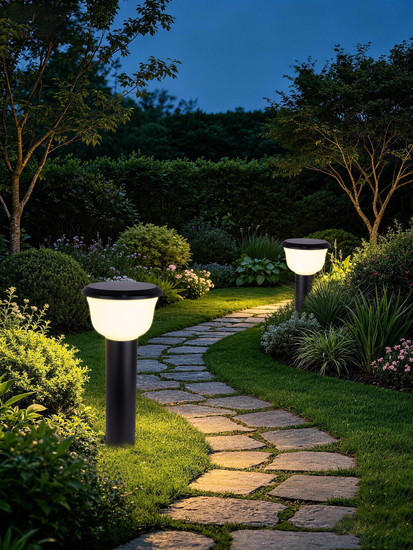 Glass Cup Series Solar Lawn Light illuminating a garden pathway at night