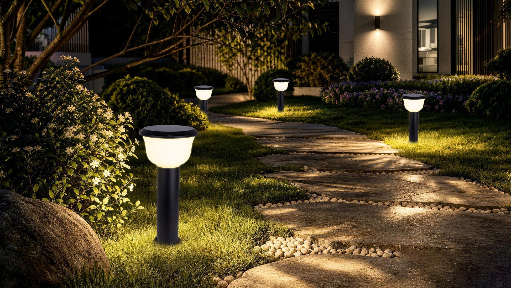 Glass Cup Series Solar Lawn Light in a modern garden landscape