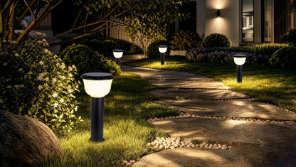 Glass Cup Series Solar Lawn Light in a modern garden landscape