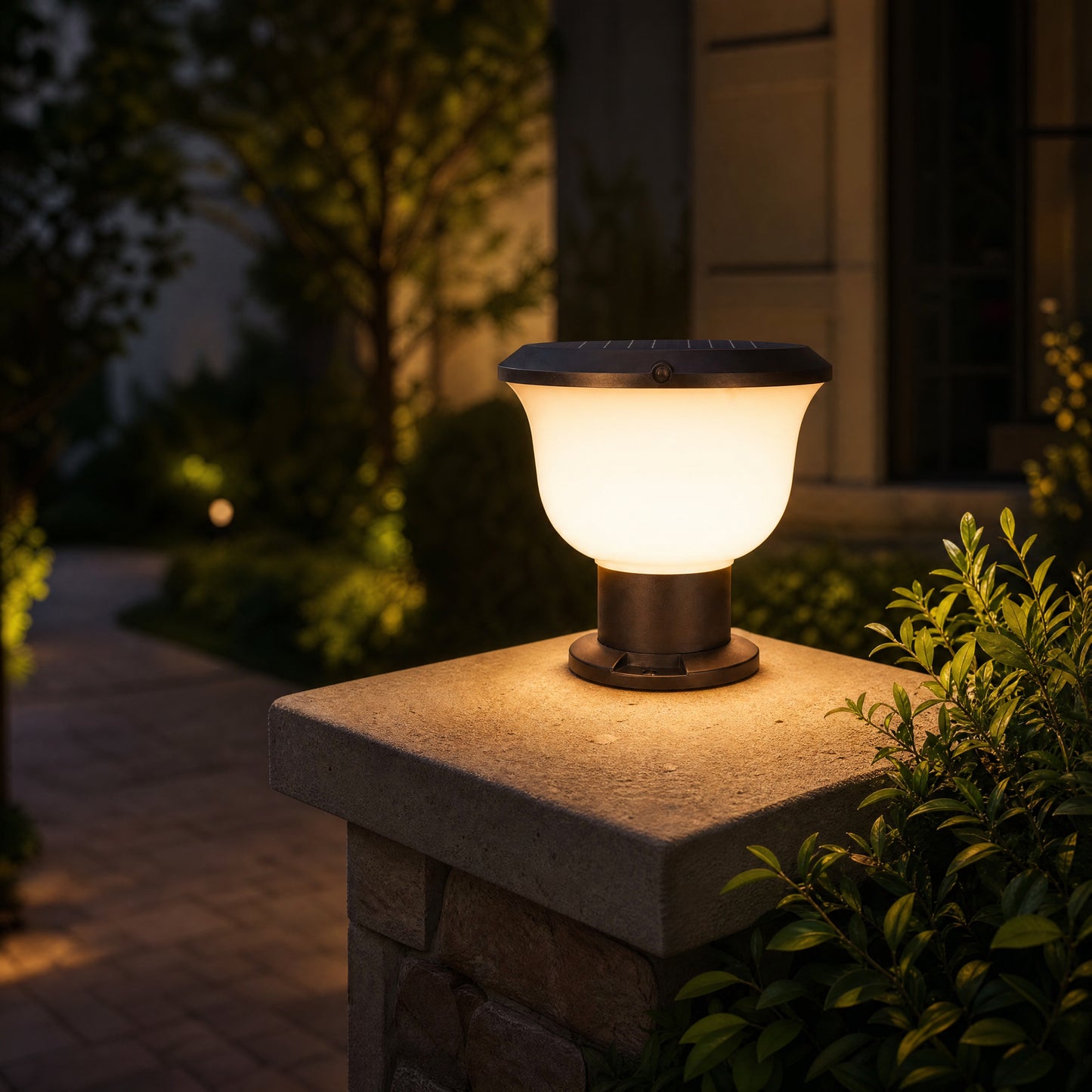 Glass Cup Series Solar Pillar Light ZTD1005 installed on a garden pillar at night