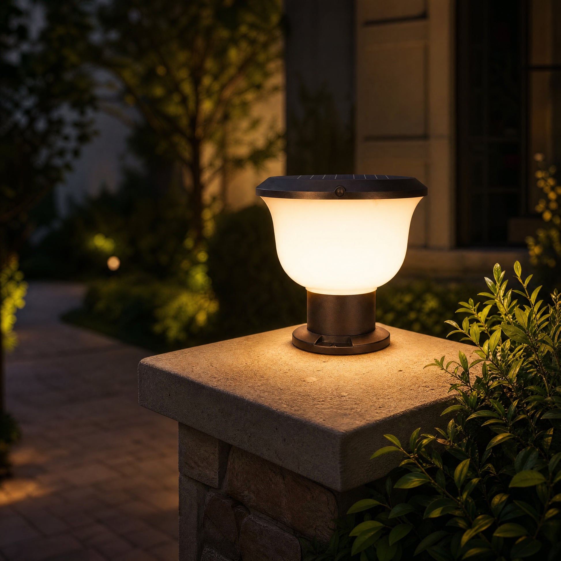 Glass Cup Series Solar Pillar Light ZTD1005 installed on a garden pillar at night