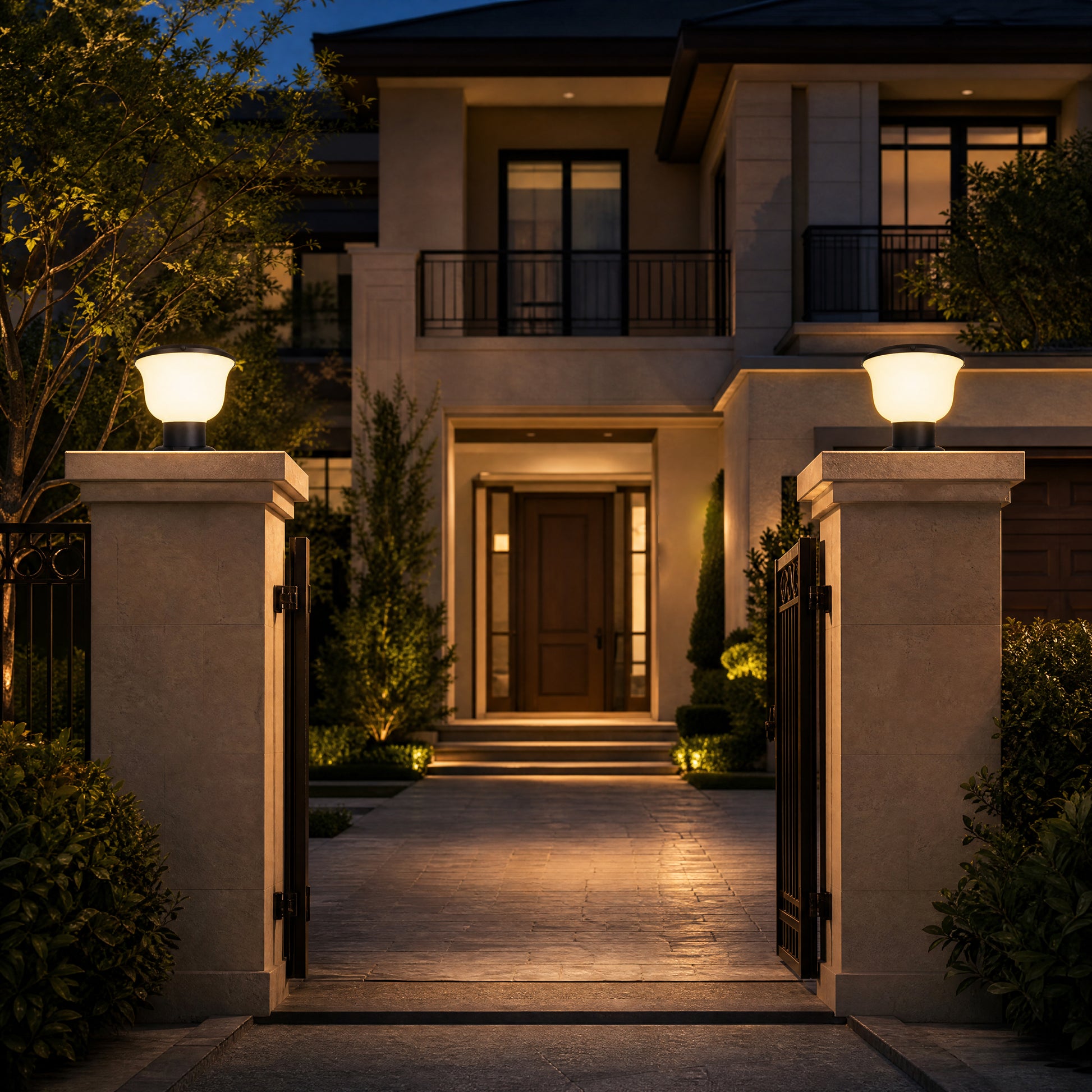 Glass Cup Series solar pillar lights illuminating a villa gate entrance