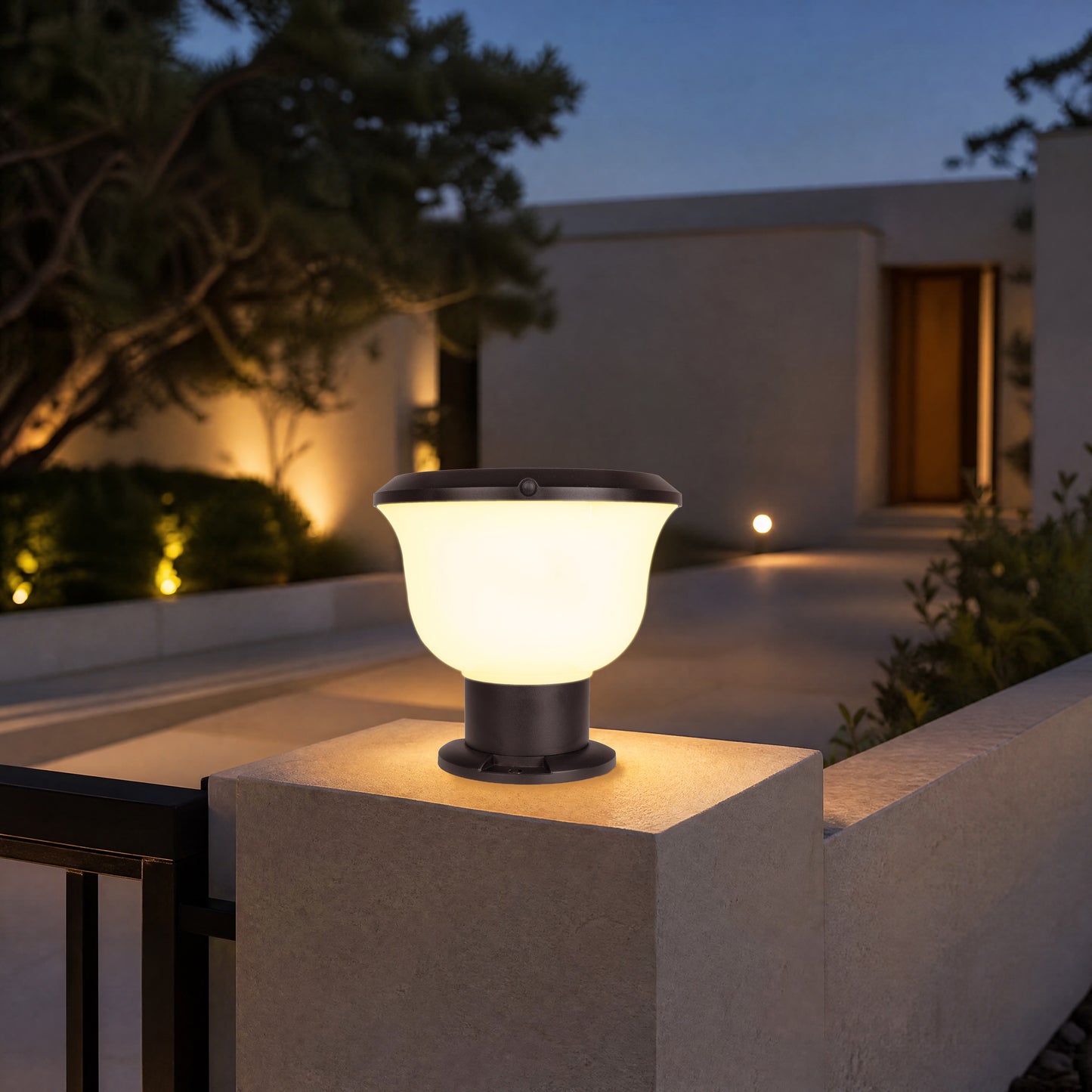  Glass Cup Series Solar Pillar Light ZTD1005 installed on a modern courtyard wall pillar