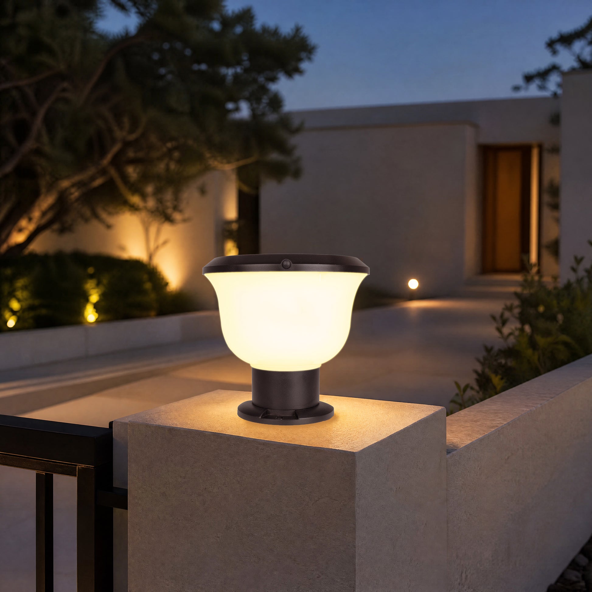  Glass Cup Series Solar Pillar Light ZTD1005 installed on a modern courtyard wall pillar