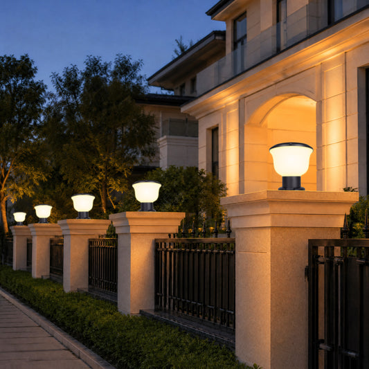 Glass Cup Series solar pillar lights installed along a villa fence wall