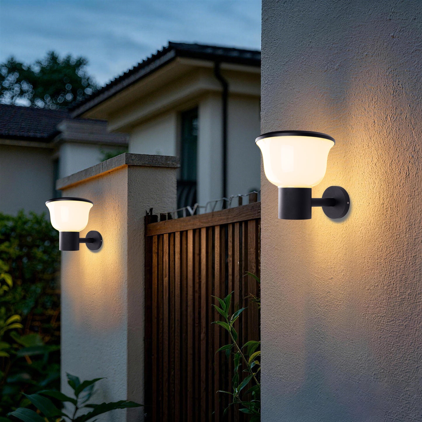 Glass Cup Series Solar Wall Light GT-BD1005 installed on outdoor gate walls for warm night lighting