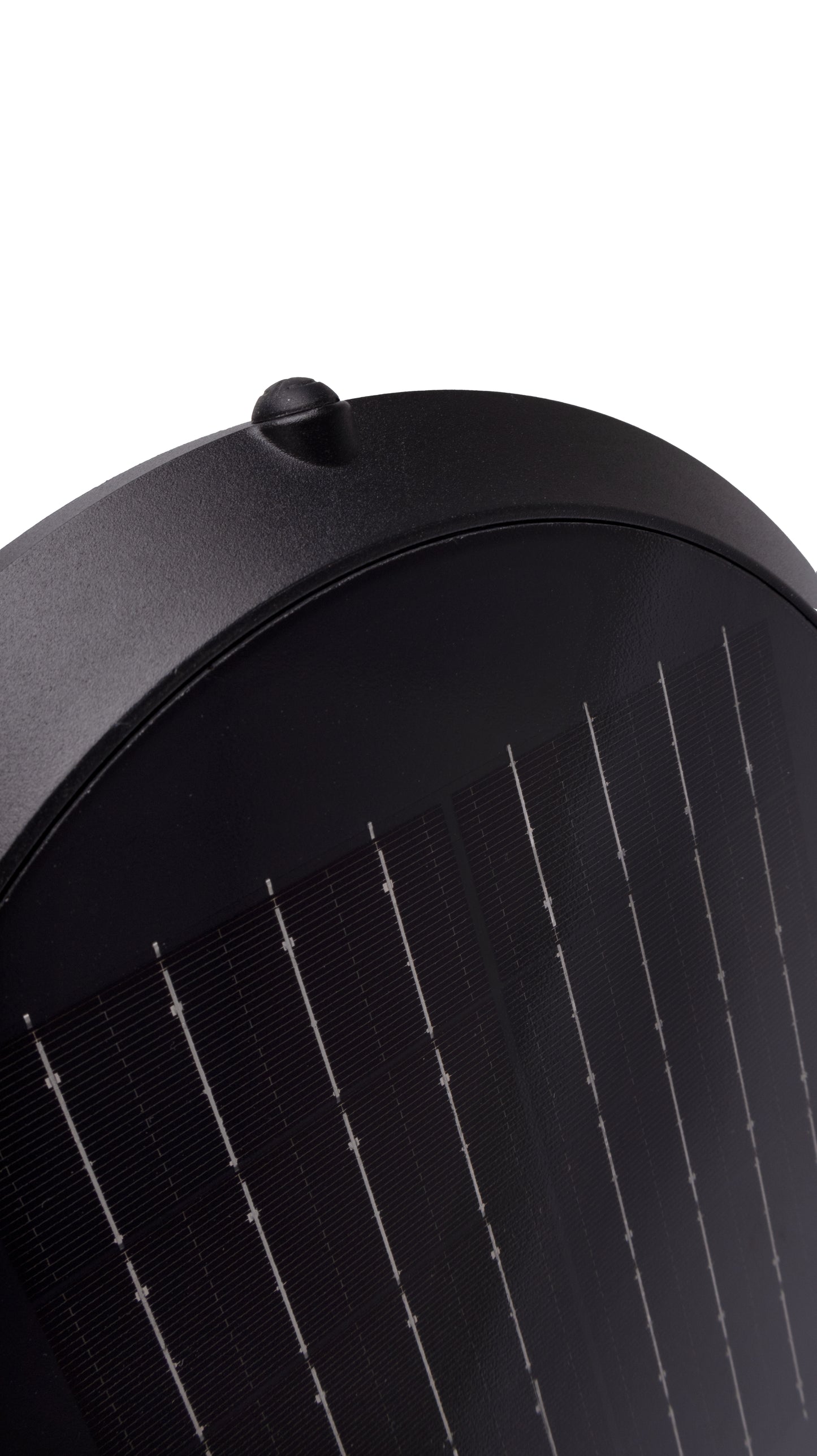 Close-up detail of Glass Cup Series Solar Wall Light GT-BD1005 integrated solar panel and black circular housing