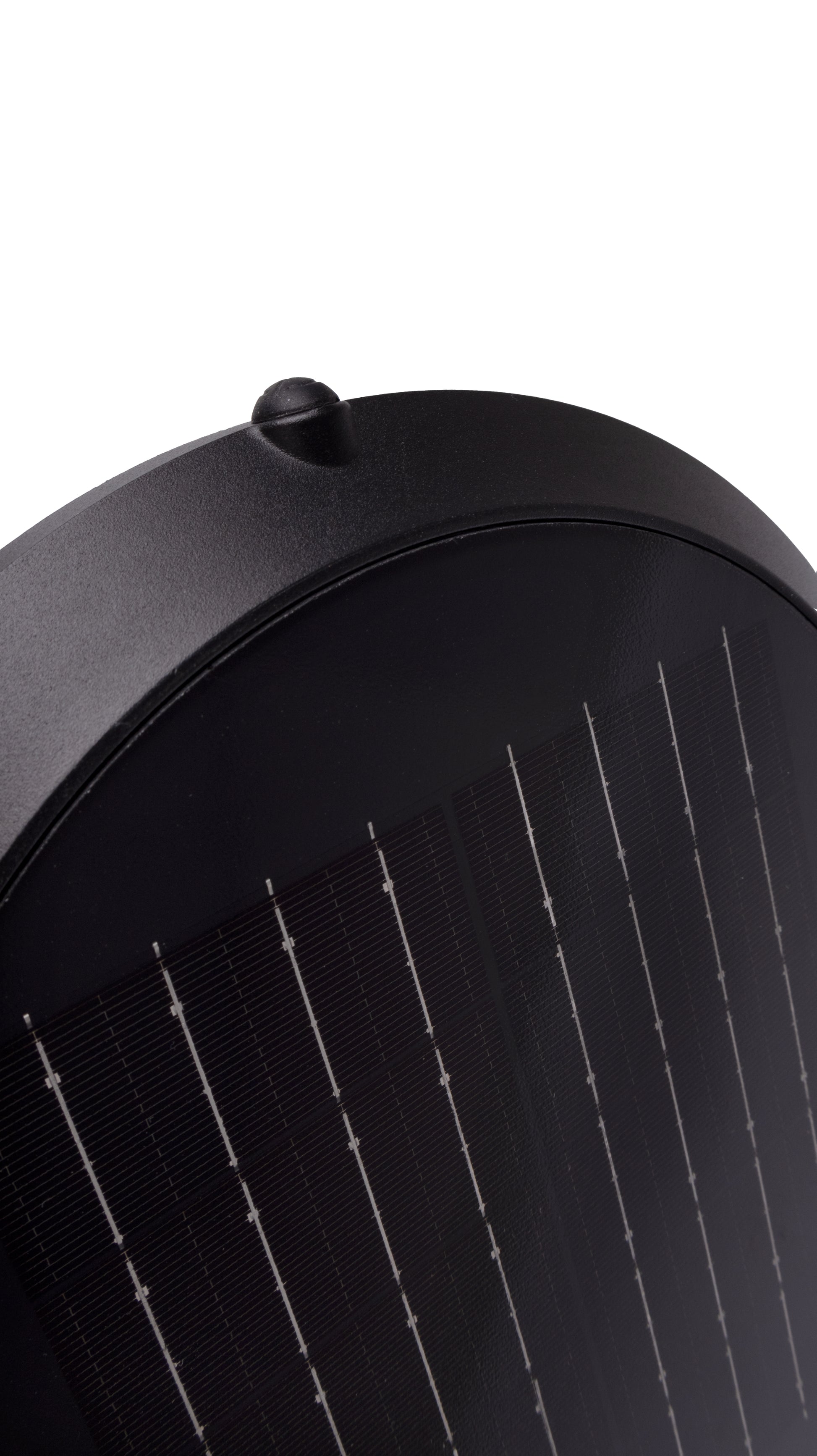 Close-up detail of Glass Cup Series Solar Wall Light GT-BD1005 integrated solar panel and black circular housing
