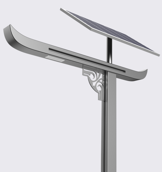 Product render of Leading Figure Series solar street light with solar panel and curved lamp body
