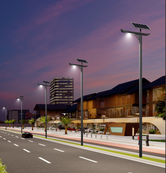 Leading Figure Series solar street lights illuminating a road at night