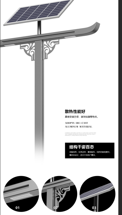 Structure details of Leading Figure Series solar street light including LED module, bracket and solar panel