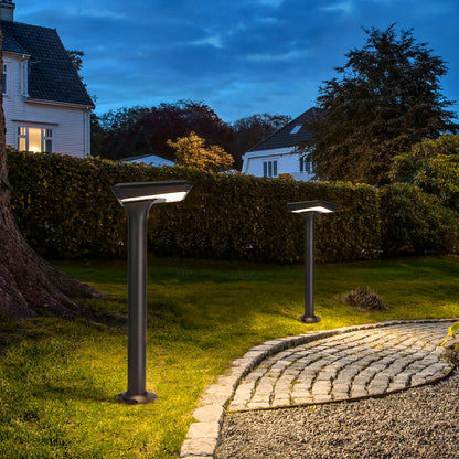 Light Cube Series solar lawn lights installed in a garden landscape beside a curved walkway