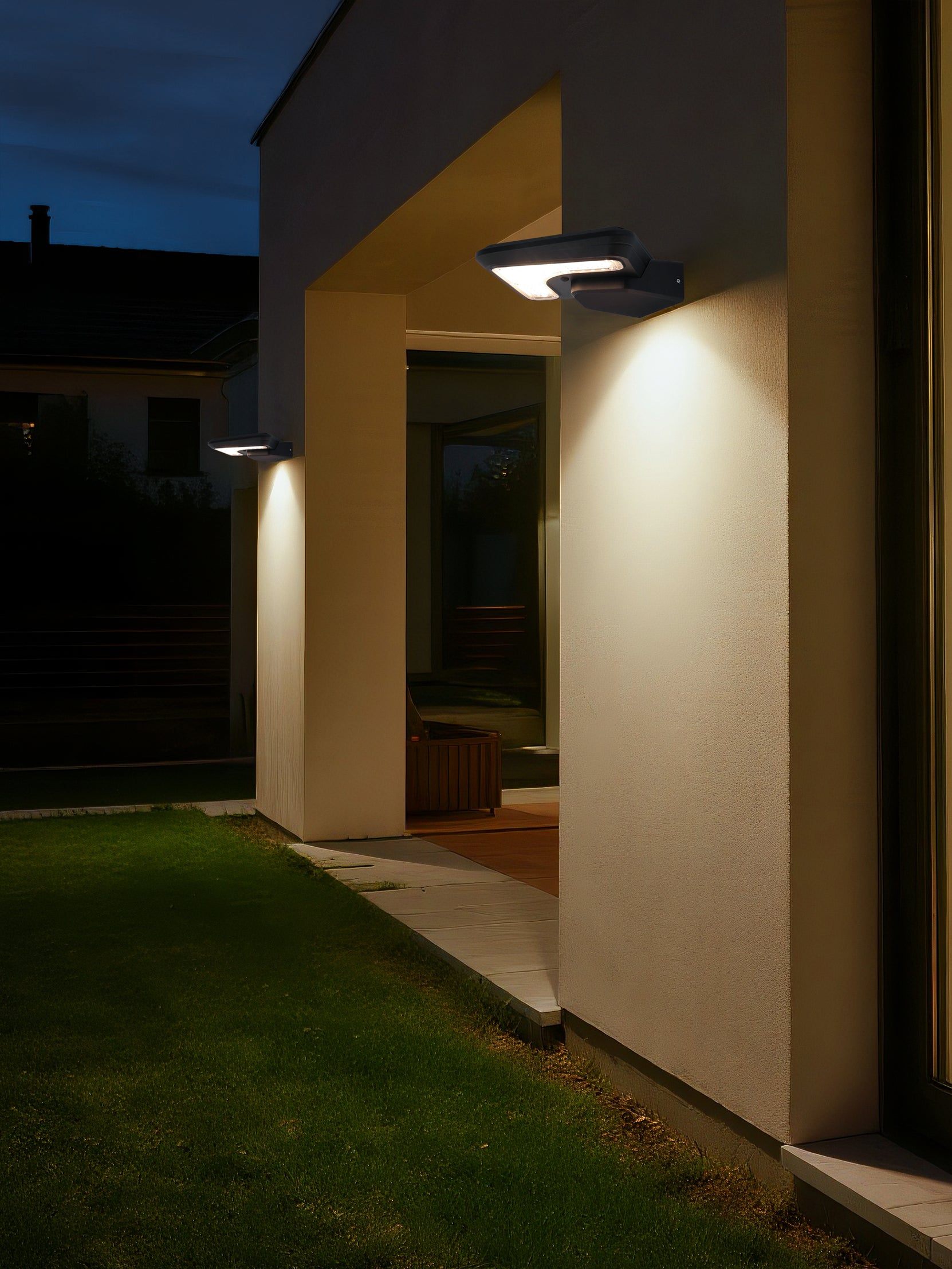 Light Cube Series solar wall lights BD4003 used along an outdoor corridor with warm wall-washing light