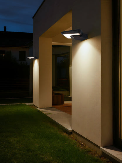 Light Cube Series solar wall lights BD4003 used along an outdoor corridor with warm wall-washing light