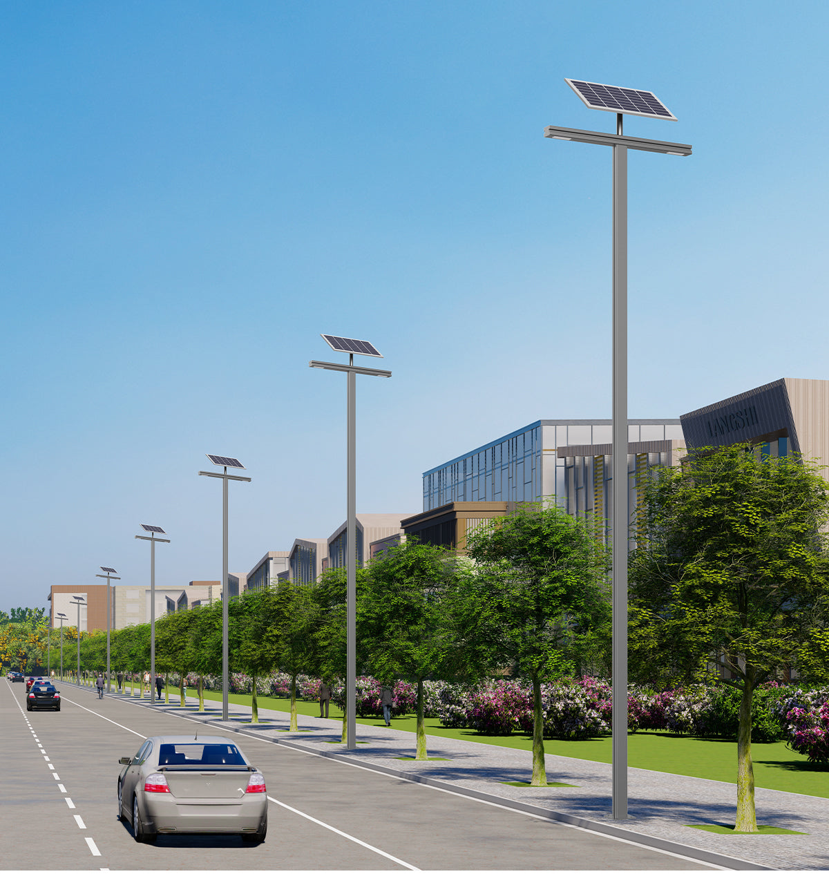  Light Wing Series solar street lights installed along a commercial road with modern buildings