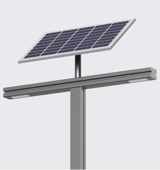 Light Wing Series solar street light front view with separate solar panel and linear LED lighting module