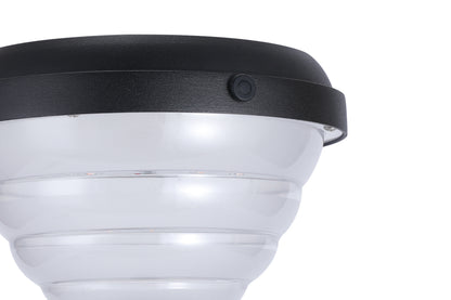 Detail view of the black top cover, switch button, and PC diffuser on CPD1618 solar lawn light