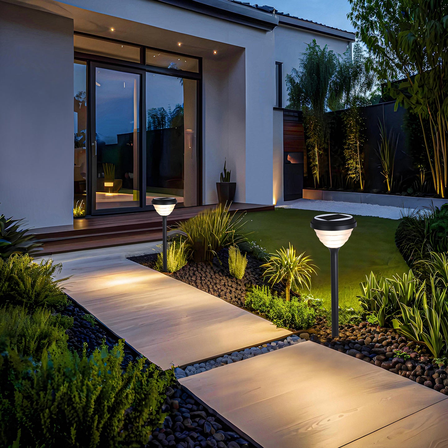  Little Conch Series solar lawn lights installed in a modern villa garden landscape