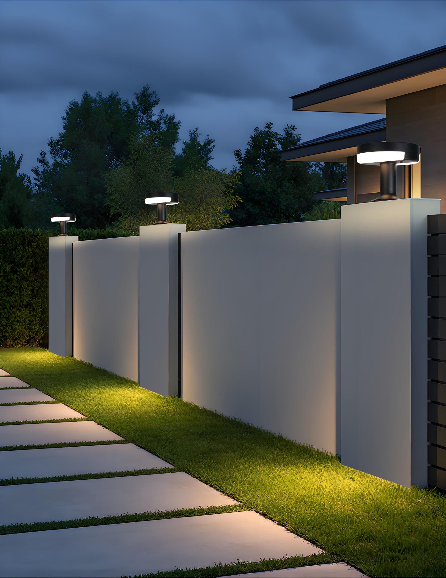 Moon Shadow Series solar pillar light ZTD1107 installed on modern villa fence columns