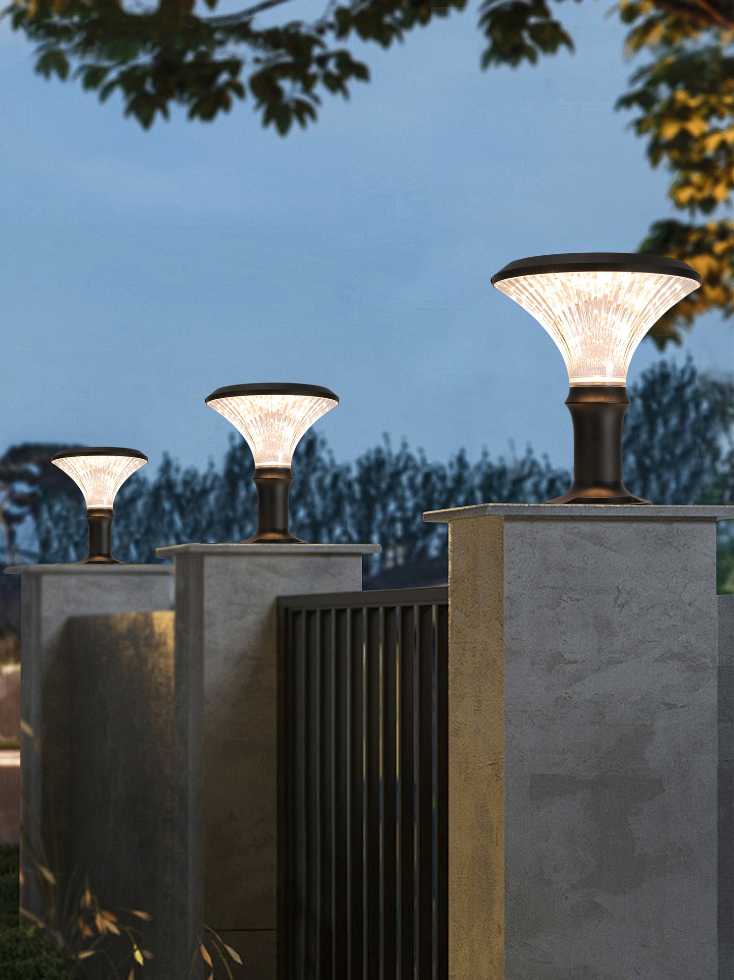 Round Diamond Series solar pillar light ZTD3002 mounted on boundary wall columns for residential outdoor lighting