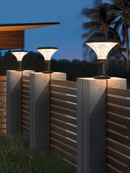 Round Diamond Series solar pillar light ZTD3002 installed on villa fence columns for warm outdoor lighting