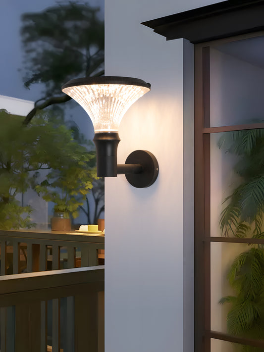 Round Diamond Series Solar Wall Light BD3002 mounted near a balcony wall for soft outdoor illumination