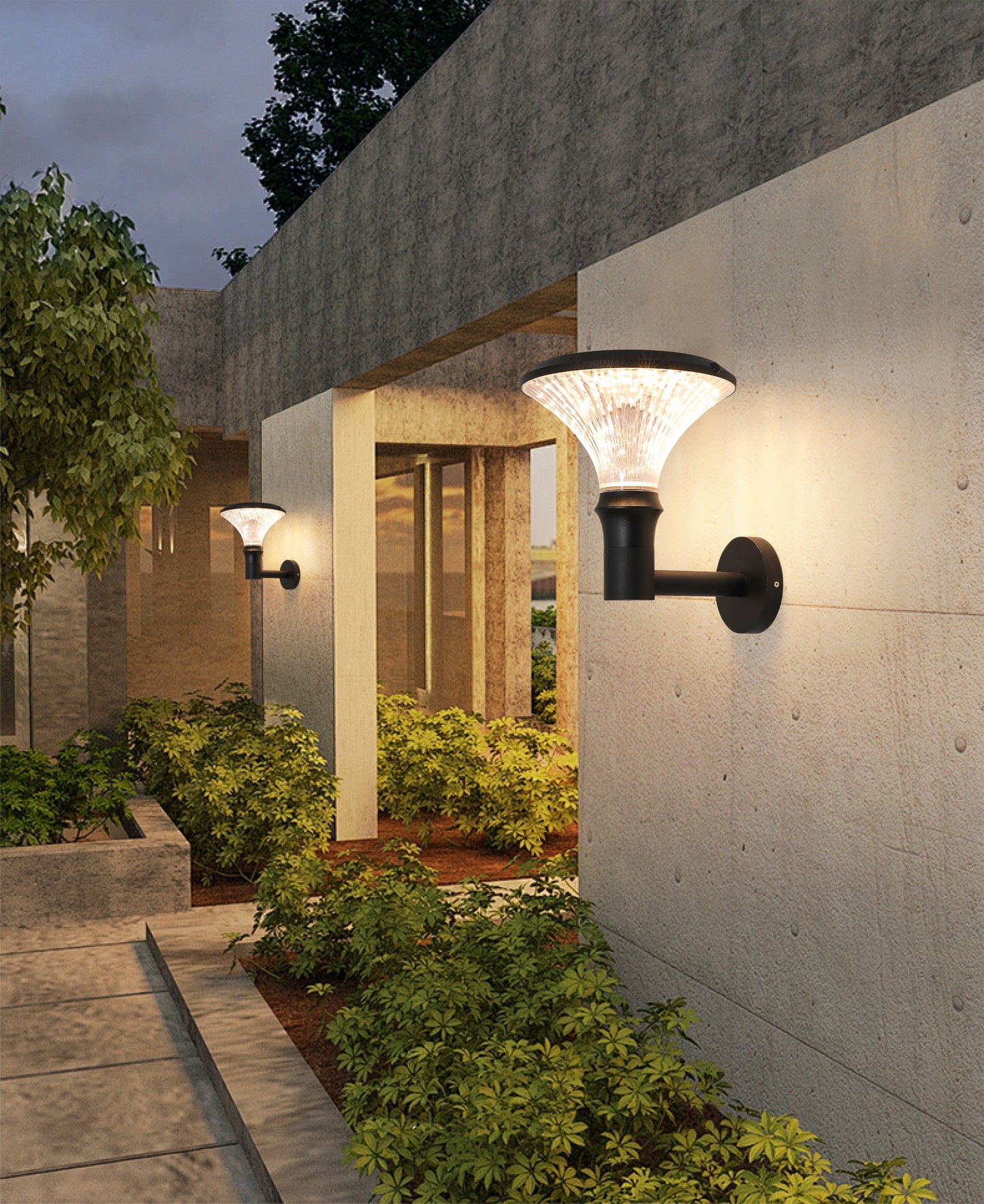 Round Diamond Series Solar Wall Light BD3002 used along a courtyard corridor with warm wall lighting