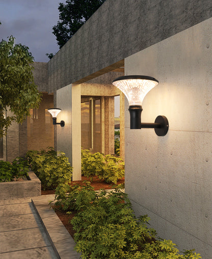 Round Diamond Series Solar Wall Light BD3002 used along a courtyard corridor with warm wall lighting