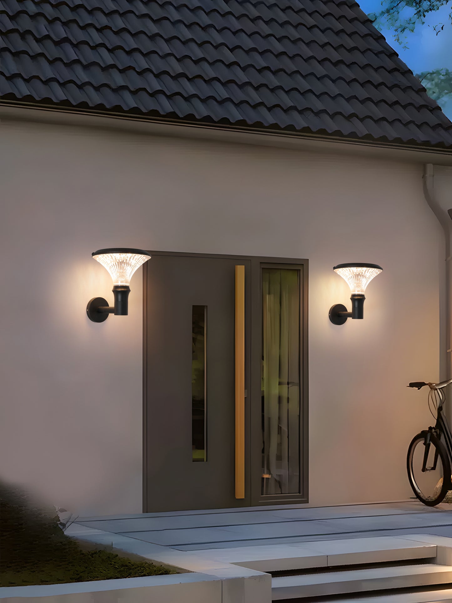 Round Diamond Series Solar Wall Light BD3002 used beside a residential entrance for warm outdoor wall lighting