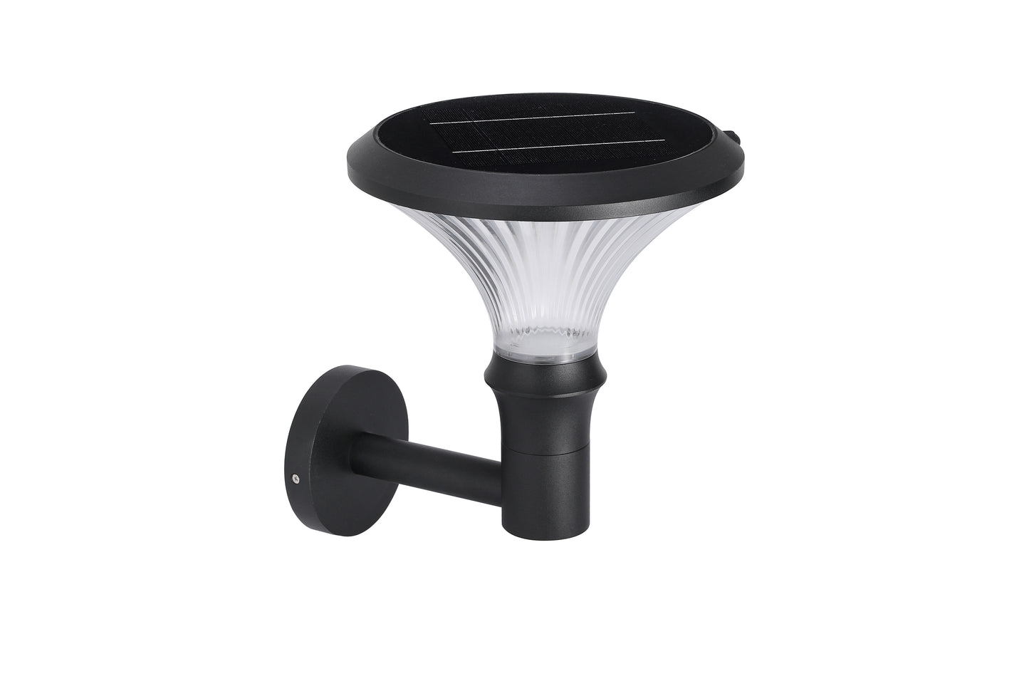 Front angle view of Round Diamond Series Solar Wall Light BD3002 with round solar panel and fluted diffuser