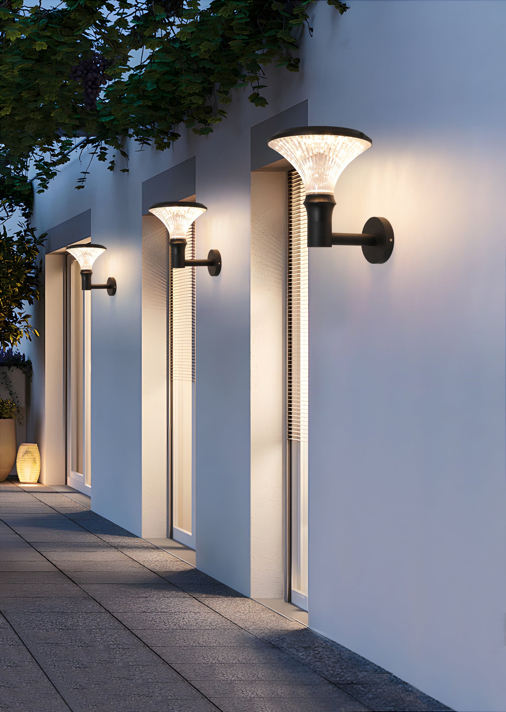 Round Diamond Series Solar Wall Light BD3002 installed on a modern exterior wall with warm decorative lighting