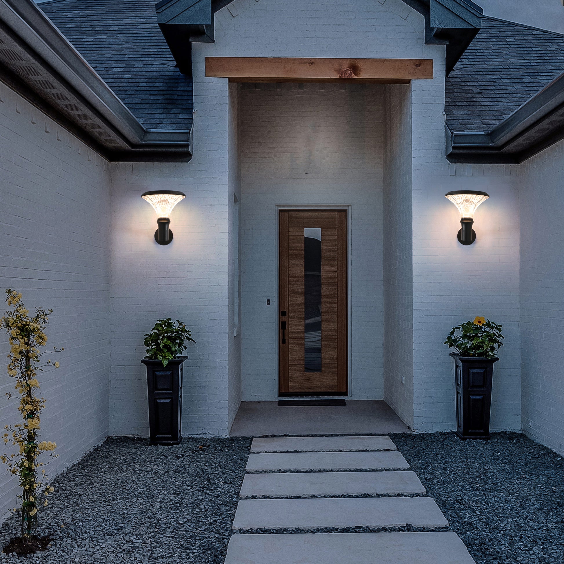Round Diamond Series Solar Wall Light BD3002 installed in pairs for villa entrance wall lighting