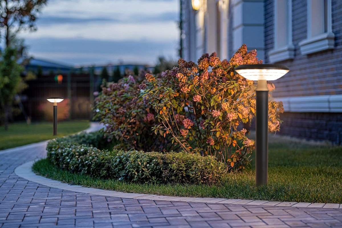 Round Moon Series Solar Lawn Light CPD3202 installed along a garden border and walkway