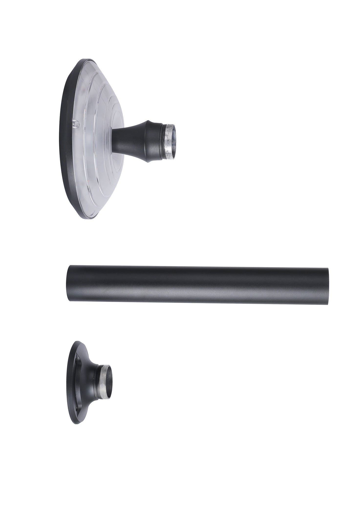 Parts display of Round Moon Series Solar Lawn Light CPD3202 with lamp head, pole, and base